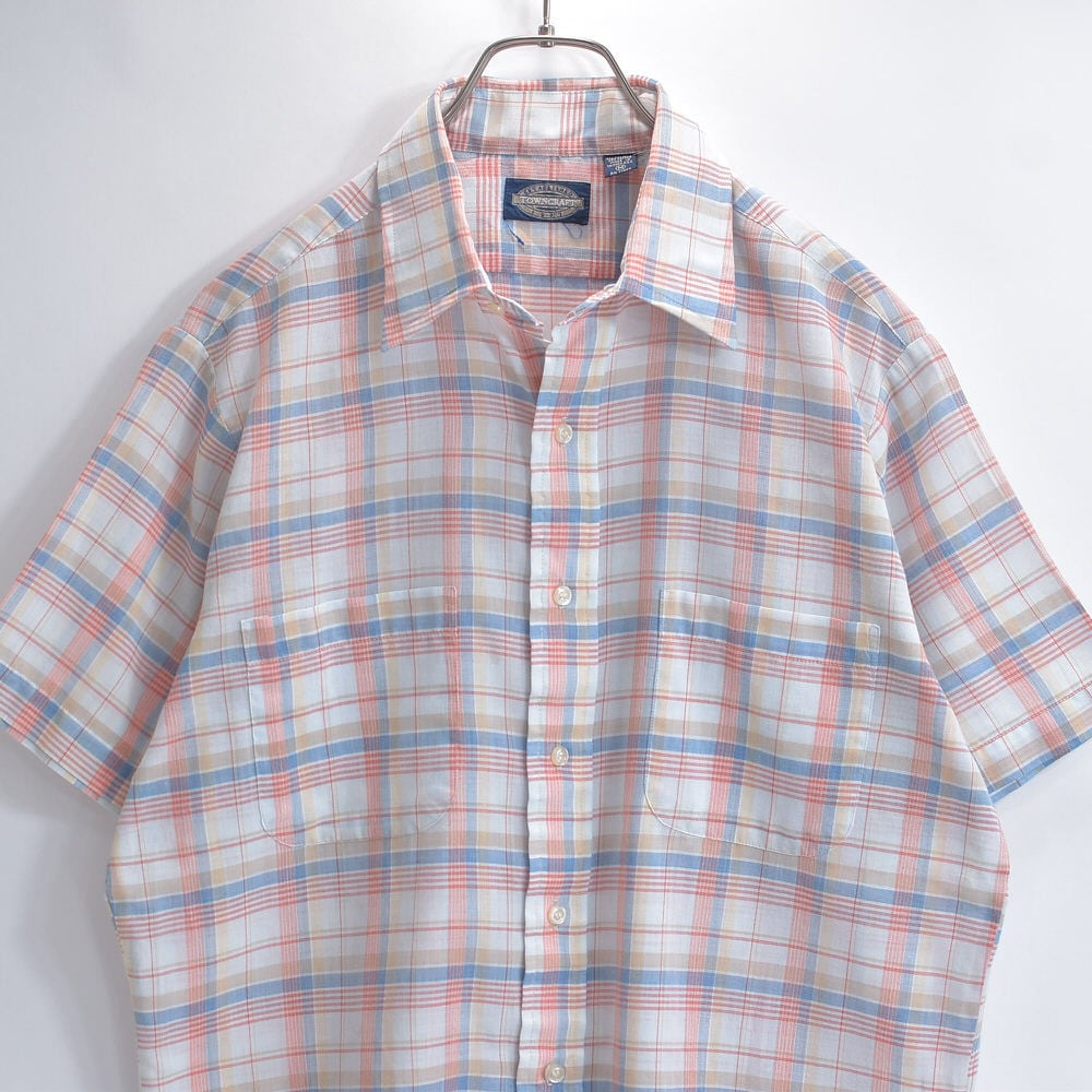 80s TOWNCRAFT タウンクラフト マルチカラー チェック パッチポケット 半袖 シャツ チェック ボックスシルエット トップス マドラスチェック ヴィンテージ ビンテージ USA アメリカ古着 メンズL相当