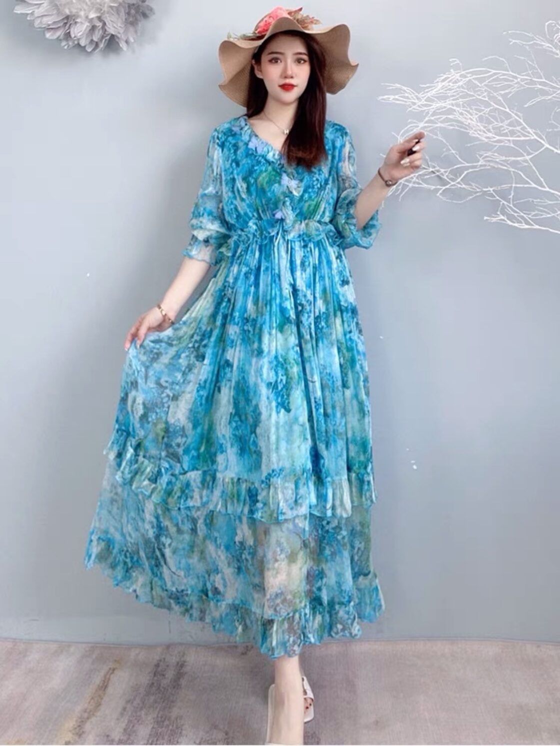 ワンピース 水色 黄色 オレンジ ワンピース 刺繍 花柄 フラワー XL 