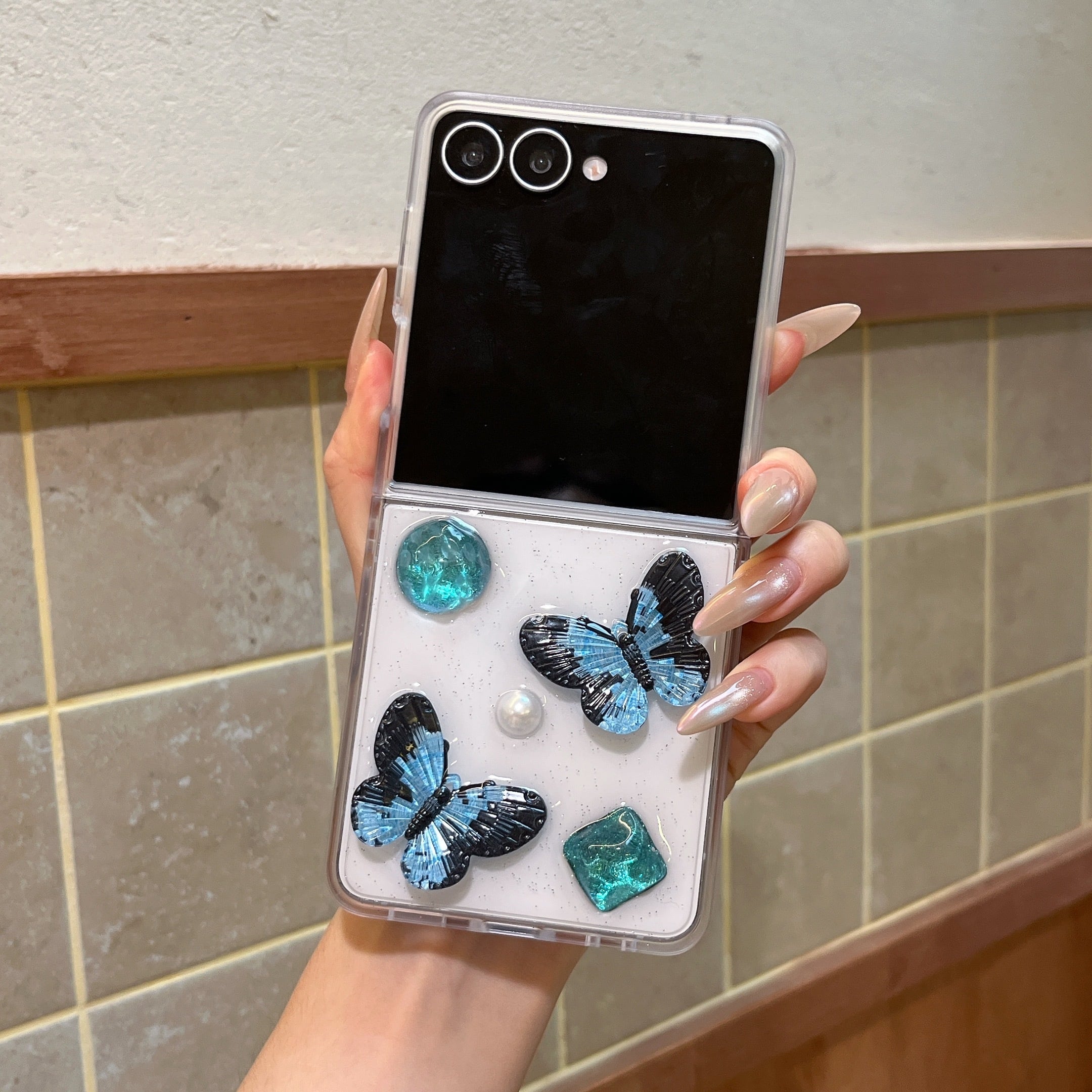 ネイビー蝶模様ケース 立体 ブルーバタフライ Galaxy Z Flip 8 7 6 5 4 ケース クリア