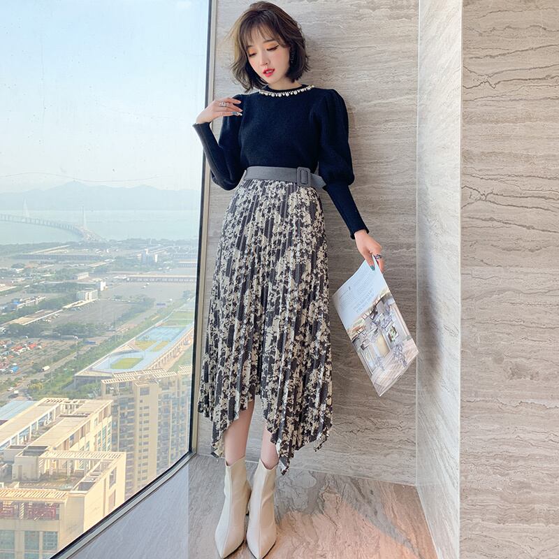 プリントウェスト薄手プリーツスカート ウィンター レッド 冬物 MIUCO16095872940