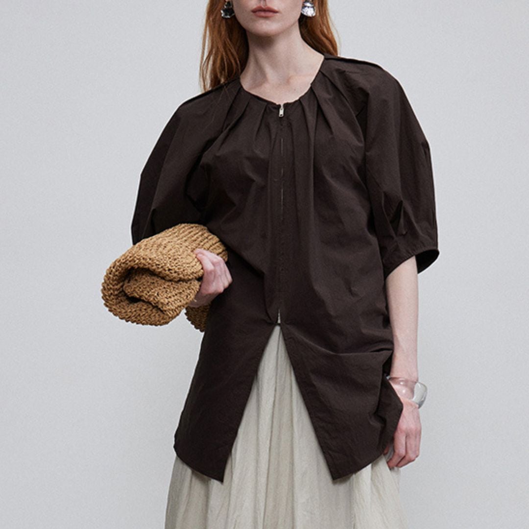 フロントジップバルーンスリーブブラウス T0157