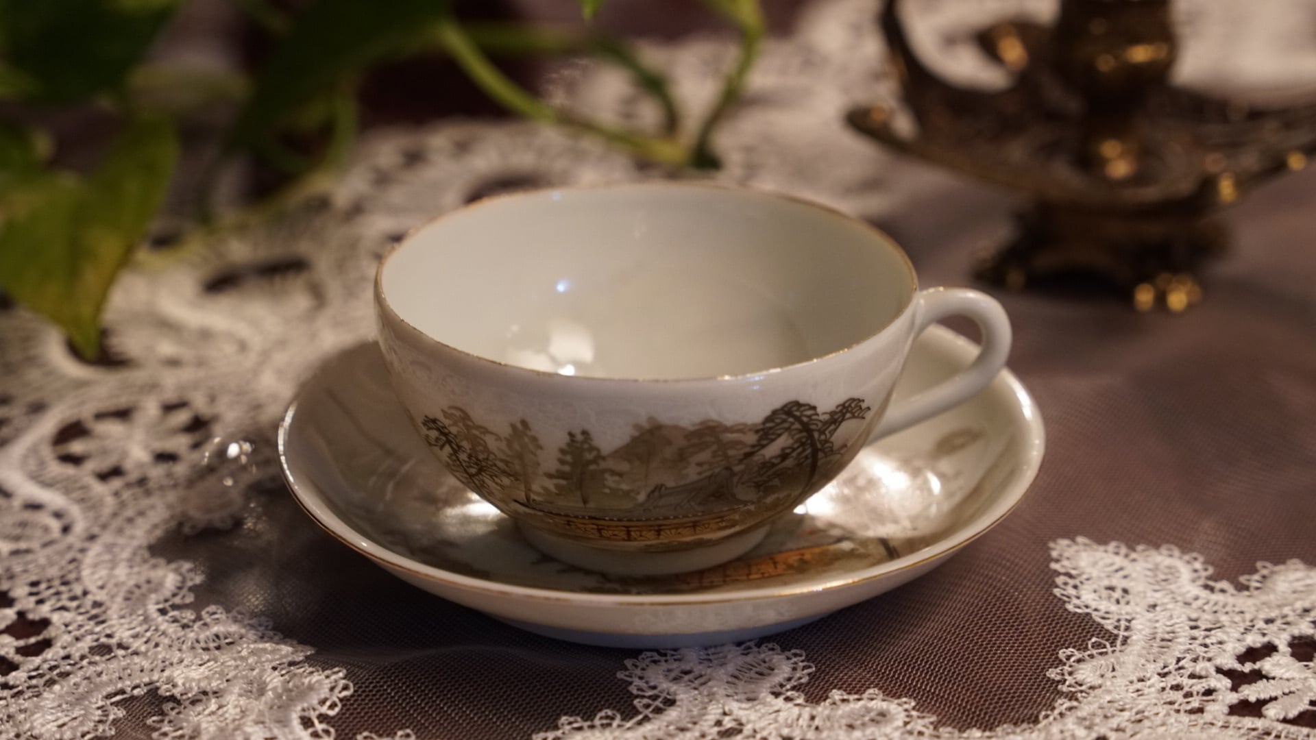 明治期 日本エッグシェル 山水絵 カップ&ソーサー｜輸出用 里帰り品