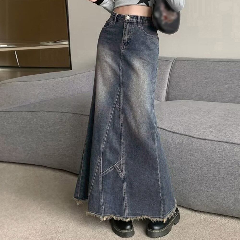 デニム スカート ロング レディース 韓国 マーメイドスカート ブリーチ加工 おしゃれ きれいめ 大人 カジュアル ハイウエスト ヴィンテージ レトロ 美ライン ロングスカート 大人可愛い 大人女子