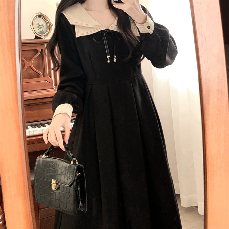 ロングワンピース レディース ロング ワンピース 襟付き リボン タック