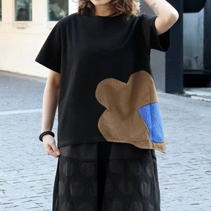 FLOWER STITCH ROUND NECK DESIGN T-SHIRT 4colors M-14047