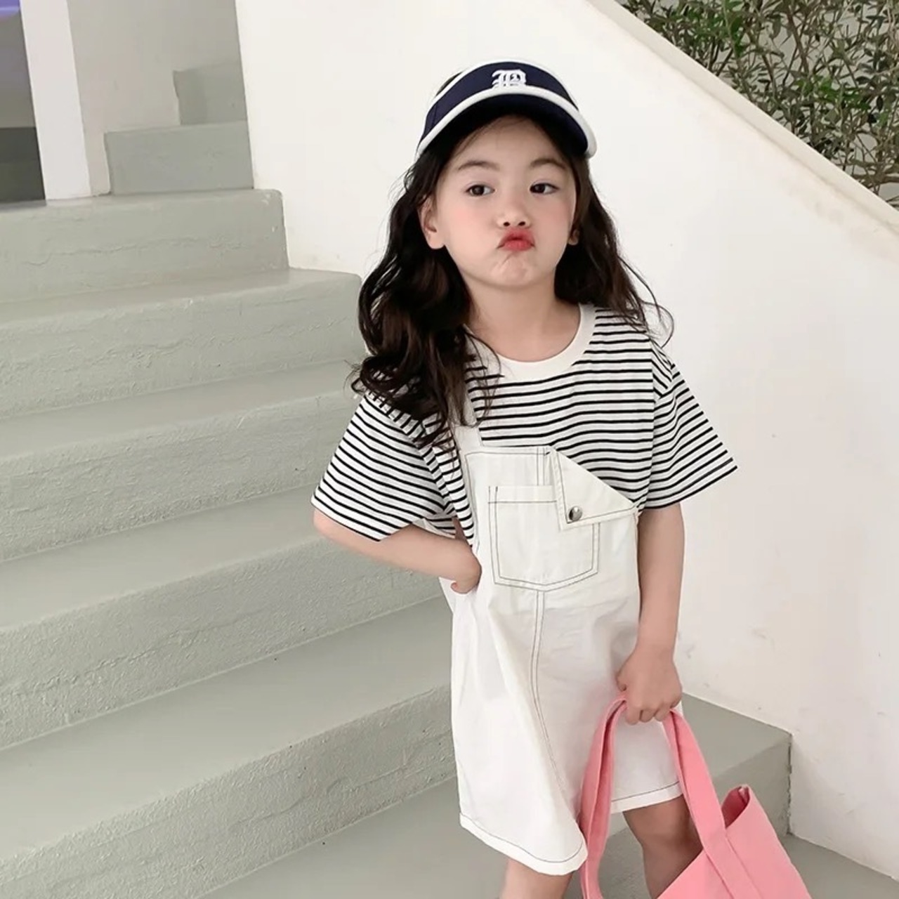 80-150 韓国子供服 ワンピース 重ね着風 サロペット 半袖 ボーダーT 