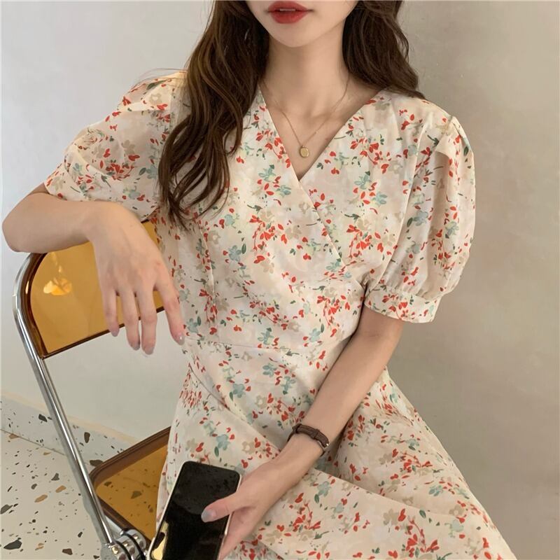 サマードレス スカート スタイルフローラルスリーブミディ 夏物 花柄 1号婦人15813533348