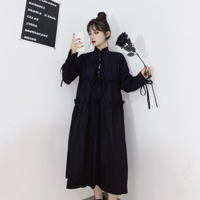 ゴスロリ系 ワンピ Aライン ハイウエスト プリーツ ケーキスカート 細見え ミドル丈 ストリート系 病みかわいい オルチャン 原宿系 10代 代 サブカル系専門店 Ladies Fashion Seasonz