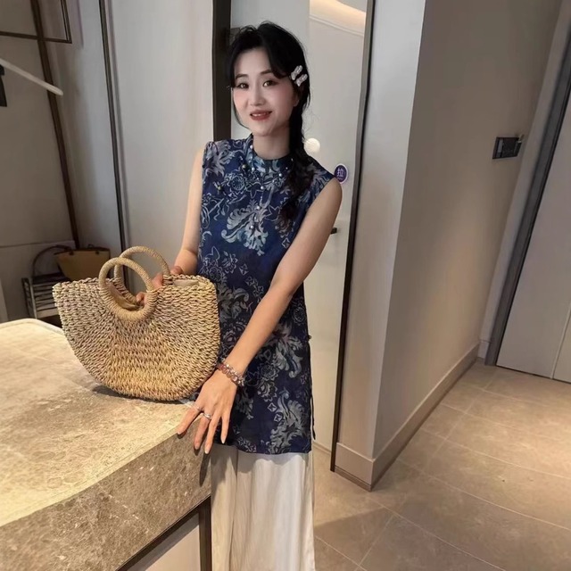 [ダークフレグランス] 新スタイルジャカード新中国風トップス女性の夏のノースリーブオードチャイナトップス