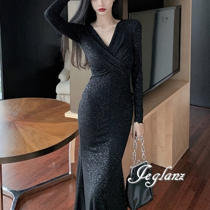 パーティ ドレス ワンピース Vネック キラキラ ラメ 光沢感(M8072)ζ