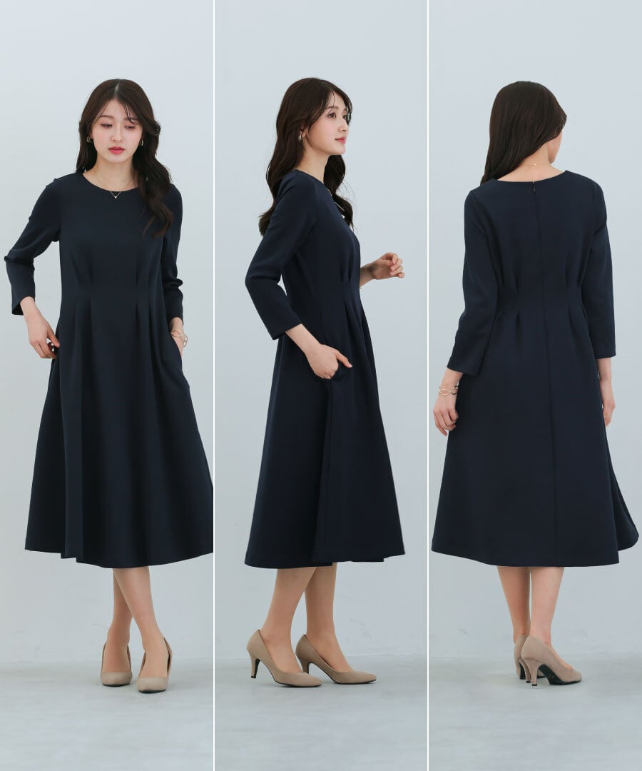 洗える・ストレッチ 】 スムースダンボール・タックフレアワンピース