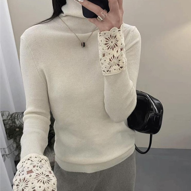 【tops】ハイネックカットワークニットトップス Q7654