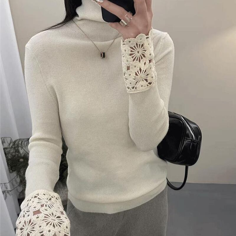 【tops】ハイネックカットワークニットトップス Q7654