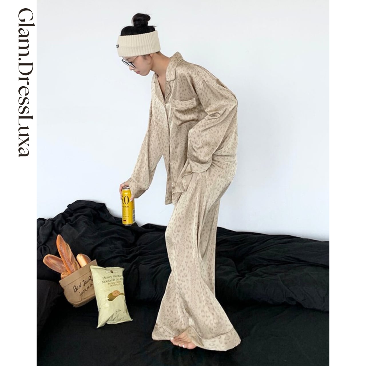 サテンレオパードルームウェアセット/2color_ST362