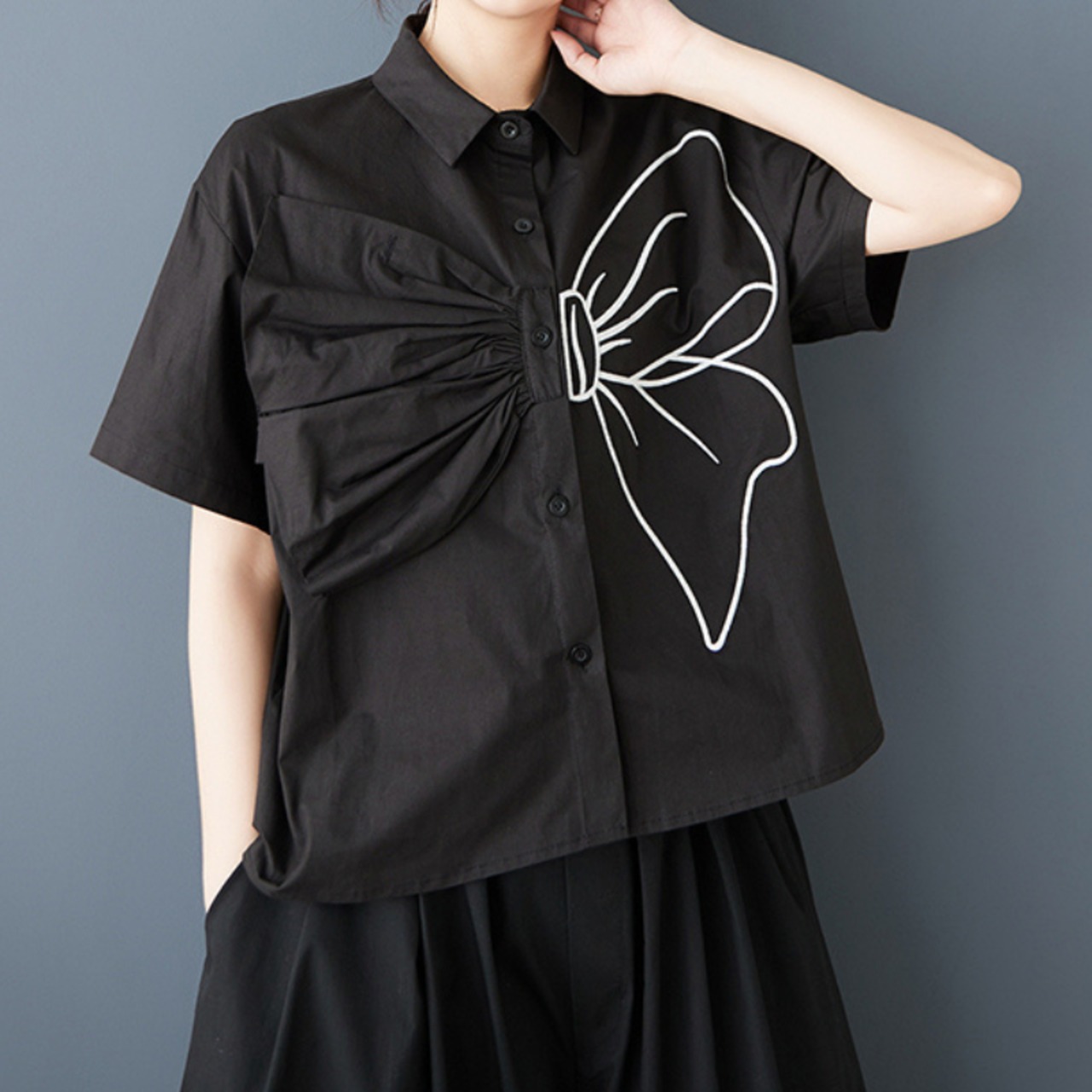 リボン柄 ブラック シャツ  30047