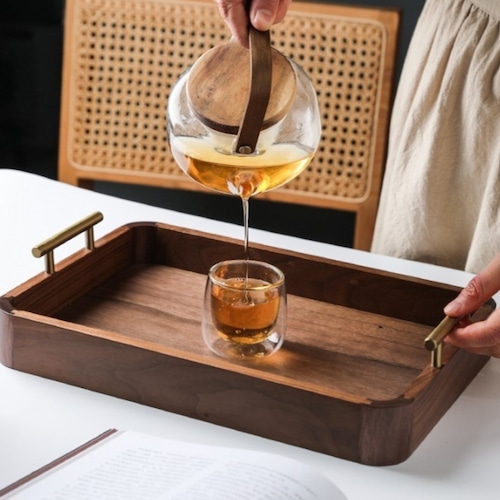 ウォールナット材 木製トレー サービングトレー 真鍮ハンドル カフェトレー ティートレー 天然木 おしゃれ 北欧 モダン