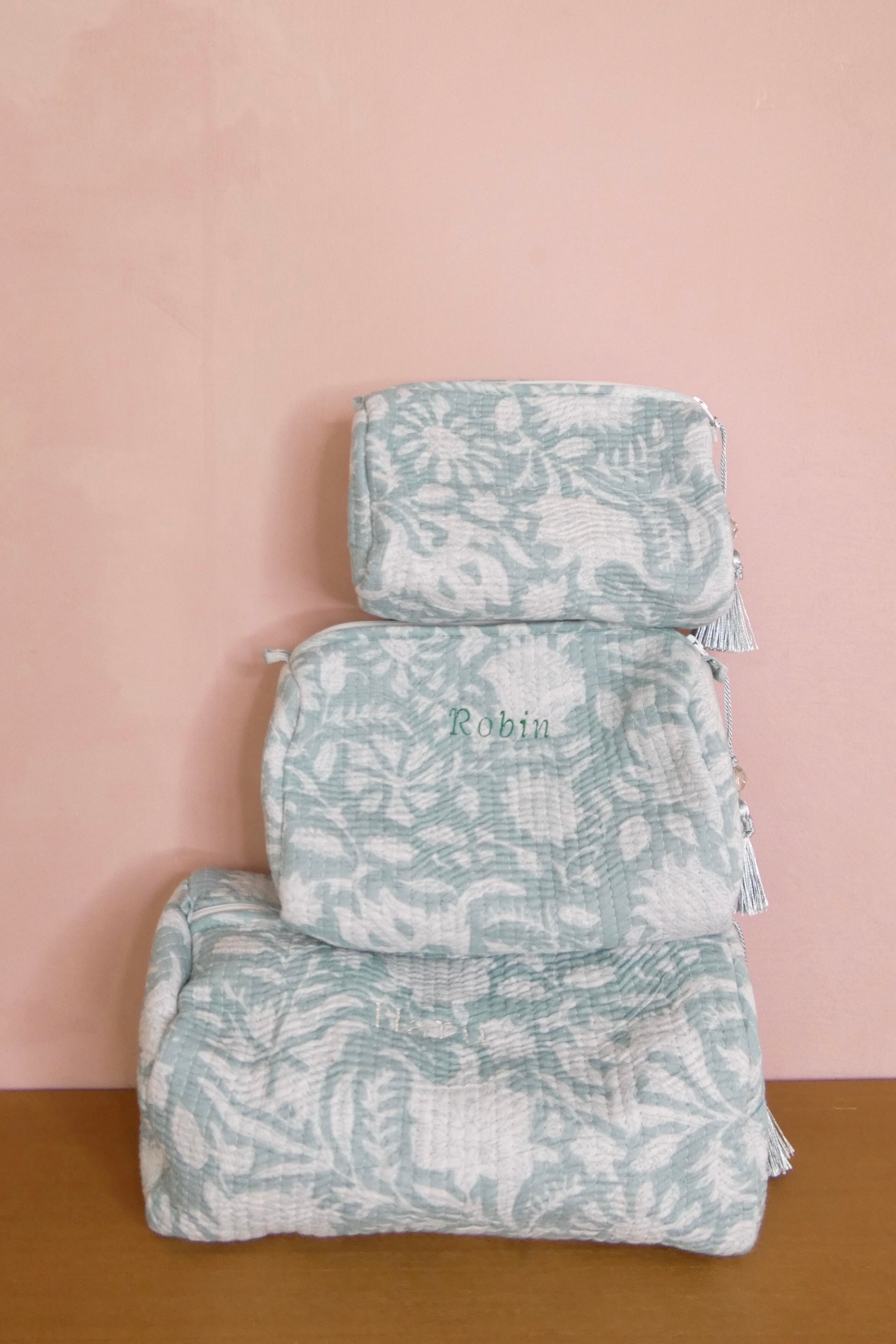 【名入れ刺繍可】Mサイズブロックプリントポーチ/ミント