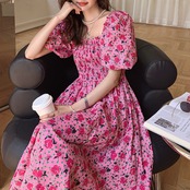 Square Neck Puff Sleeve Floral Dress 5091