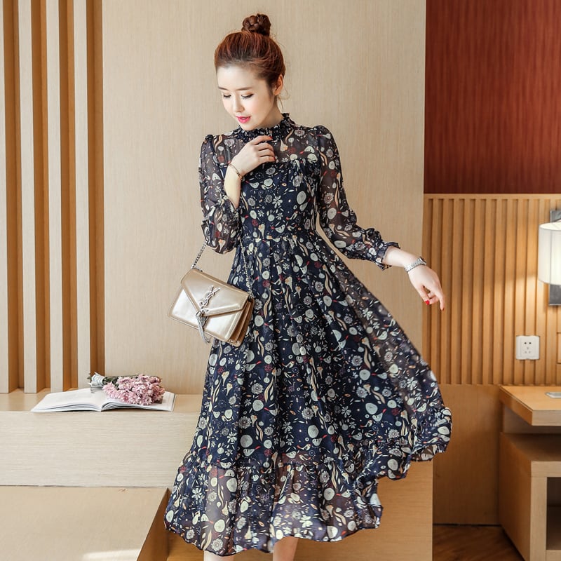 ★ワンピース レトロ 花柄 スタンドカラー シフォン ドレス　２０代・３０代　カジュアル　Ｓ～２ＸＬ | Shop.Daiv　 『これから可愛くなるあなたのために』 powered by BASE