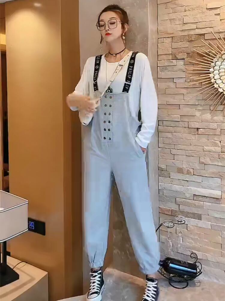 ラウンドネックシャツ Tシャツ スリムダブルブレストジャンプスーツ オールインワン スプリング ロング 大きめサイズ 春物 Oネック ミックスインファッション32903523279