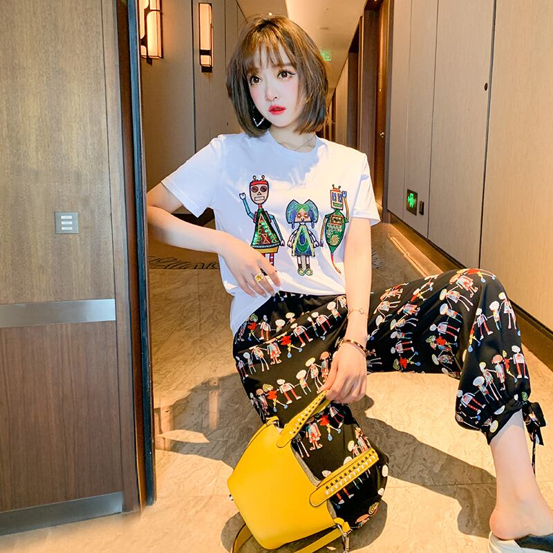 スパンコールTシャツ プリントルーズ薄手カジュアルパンツ サマー レッド 刺繍 夏物 MIUCO17276272383