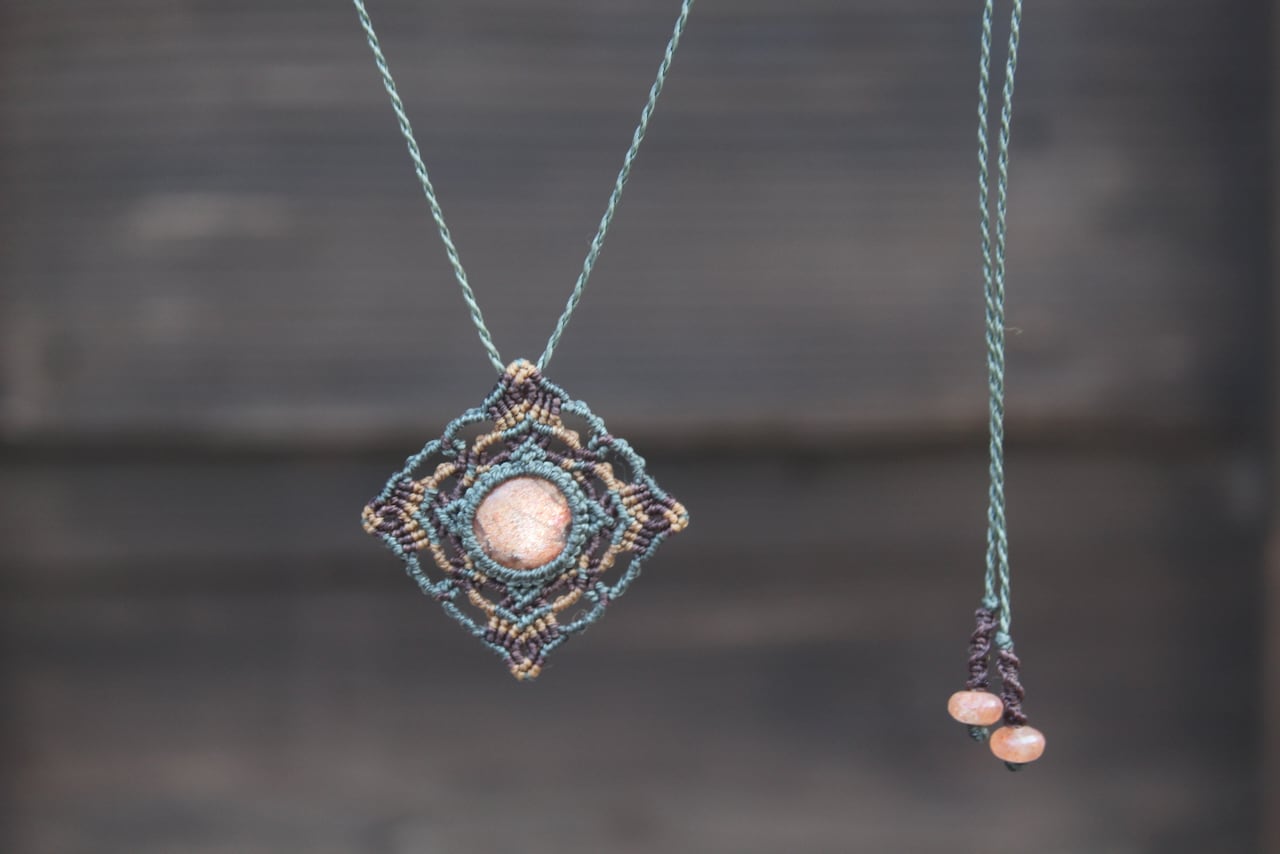Sunstone micro macrame mandala pendant