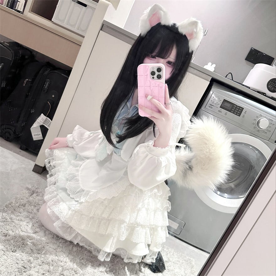 量産型 天使界隈 メイドワンピ ネックリボン 水色ロリィタ メイドカフェ