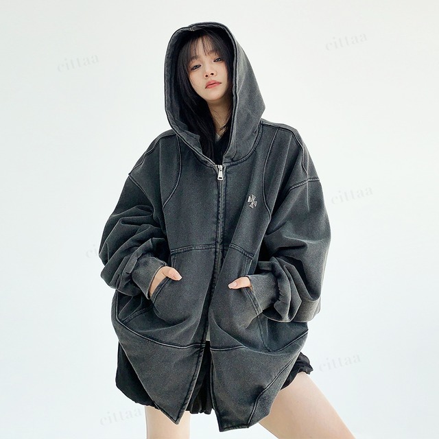 【即納】D-424　2025秋新作♡クロスデザインピグメント加工ダブルジップパーカー　ブラック