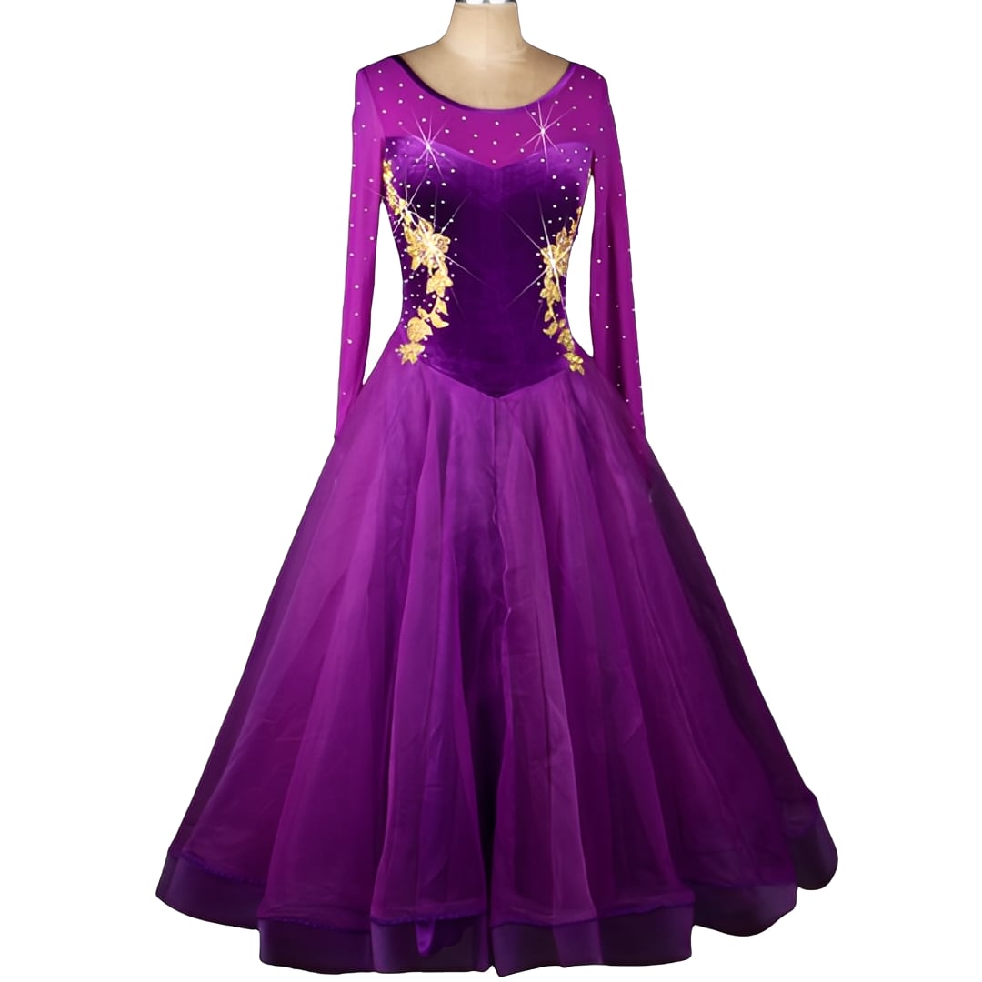 ロングスリーブ ゴールドフラワーデザイン ドレス ds0988