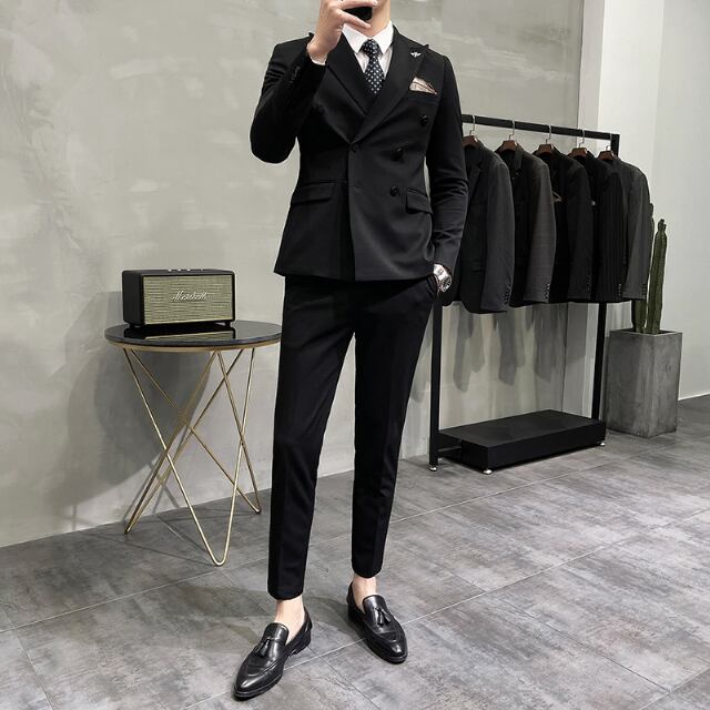 【予約販売】メンズ セットアップ スーツ 無地 ダブル シック スリム シンプル 韓国 男前 ライトグレー/ダークグレー/グレー/ブラック ジャケット パンツ セット セットアップ ビジネス 通勤 フォーマル パーティ 二次会 同窓会 結婚式 韓国 こなれ感 トレンド 春 大きいサイズ S/M/L/XL/2XL/3XL/4XL/5XL/6XL/7XL