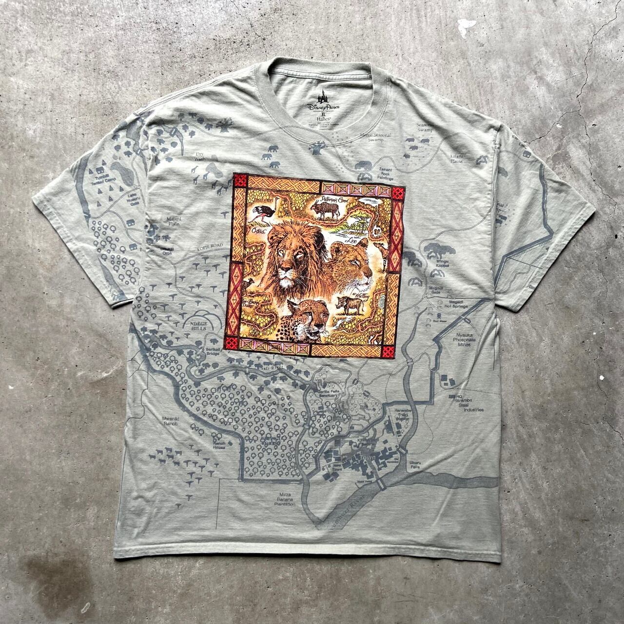 Disney Park ディズニー サファリ 総柄 地図 動物 アニマルtシャツ メンズxl 古着 カーキ 緑色 Tシャツ Sa24 Ts26 Cave 古着屋 公式 古着通販サイト