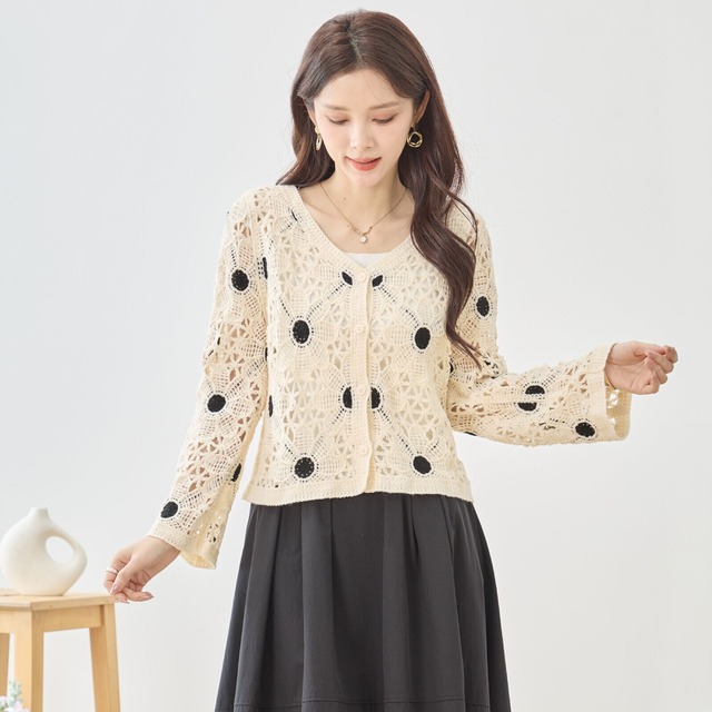 amie studio レトロレースニットカーディガン【M~L】ベージュ