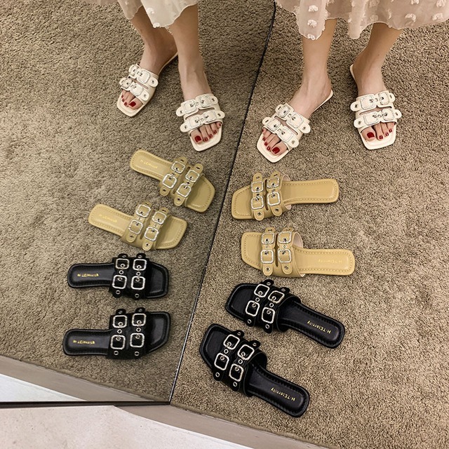 ミュールサマースタイルベルト バックルラインストーンサンダル 靴 シューズ 夏物 ハーネス フェイクシューズ45803077215