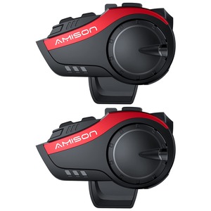 【努力特価】Amison バイク インカム 最大10人同時通話 最大通話距離2000m Bluetooth 5.0 無線機バイクいんかむ 連続28H時間 IP67防水 ヘルメット用インカム 音楽共有 音声聞き取リ FMラジオ付きインターコム 自動ペアリング バイク用通信機器 技適認証済み 日本語音声案内 説明書 (2枚 レッド)