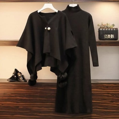 ワンピース 大きいサイズ ニットワンピース 膝丈 シンプル ミモレ丈 フォーマル シンプル 無地 黒 秋 冬 デート ハイネック ポンチョ セットワンピース デート 大人っぽい レディースファッション