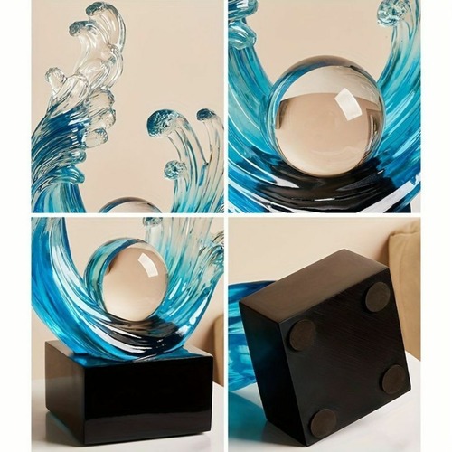 波とクリスタルボール 置物 ２色 彫刻 樹脂装飾 アート 樹脂彫刻