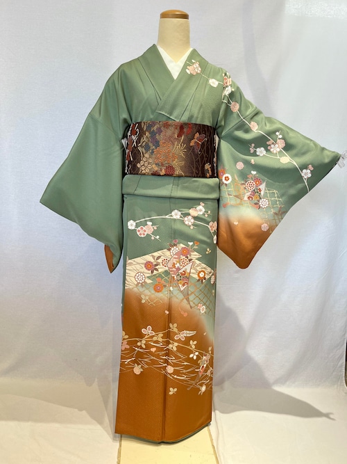2085 高身長 吉祥文様訪問着 袷単品 草花文様 扇 ボカシ 綸子 金箔 Houmongi(lined kimono)