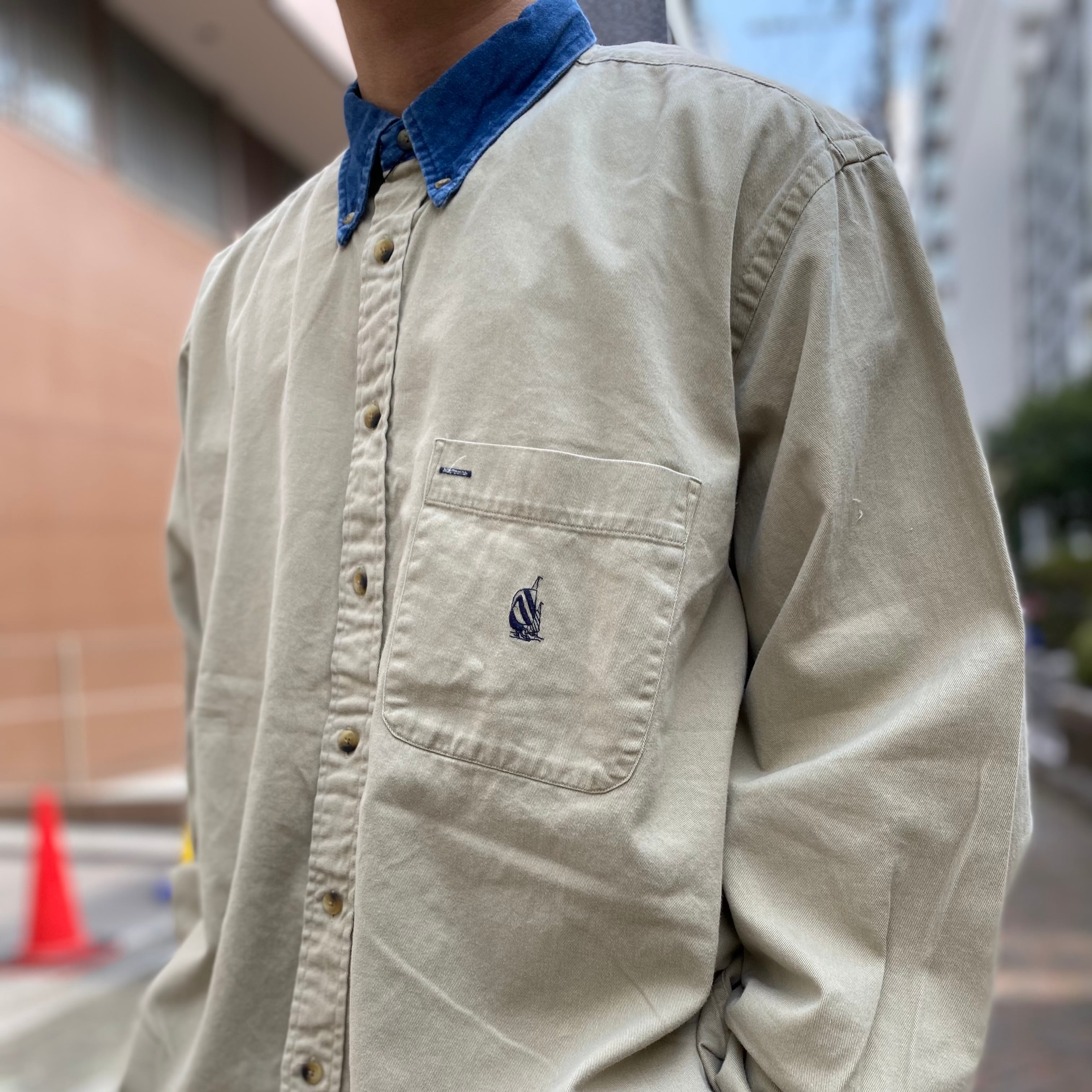 90年代 size : XL【 nautica 】ノーティカ 長袖シャツ デニム切替 ベージュ 古着 古着屋 高円寺 ビンテージ