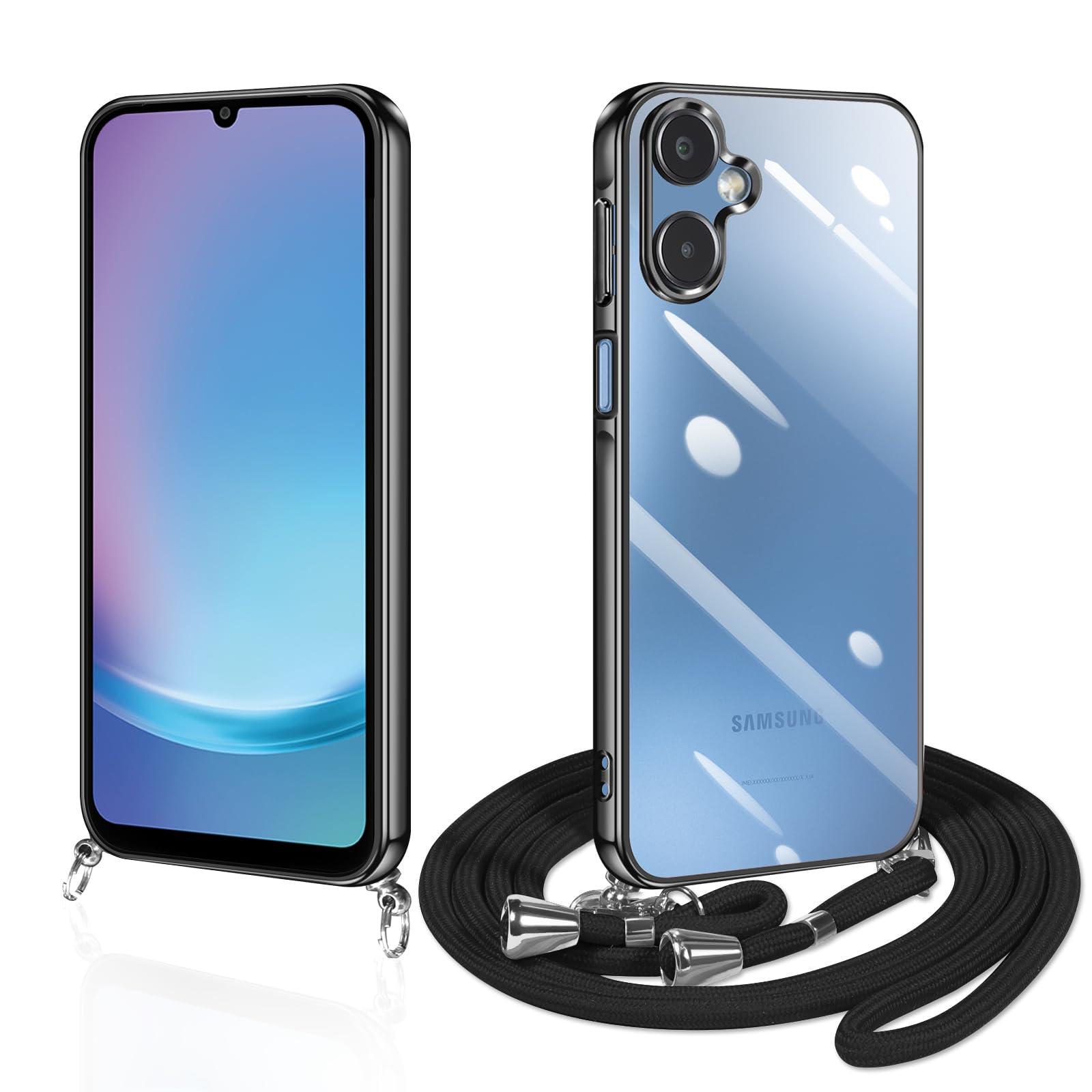 Galaxy A25 5G ケース クリア ショルダー SC-53C SCG15 スマホケース 透明 TPU カバー ストラップ付き 肩掛け 首掛け 紐付き 斜めがけ 薄型 耐衝撃 シリコン メッキ加工(ブラック)