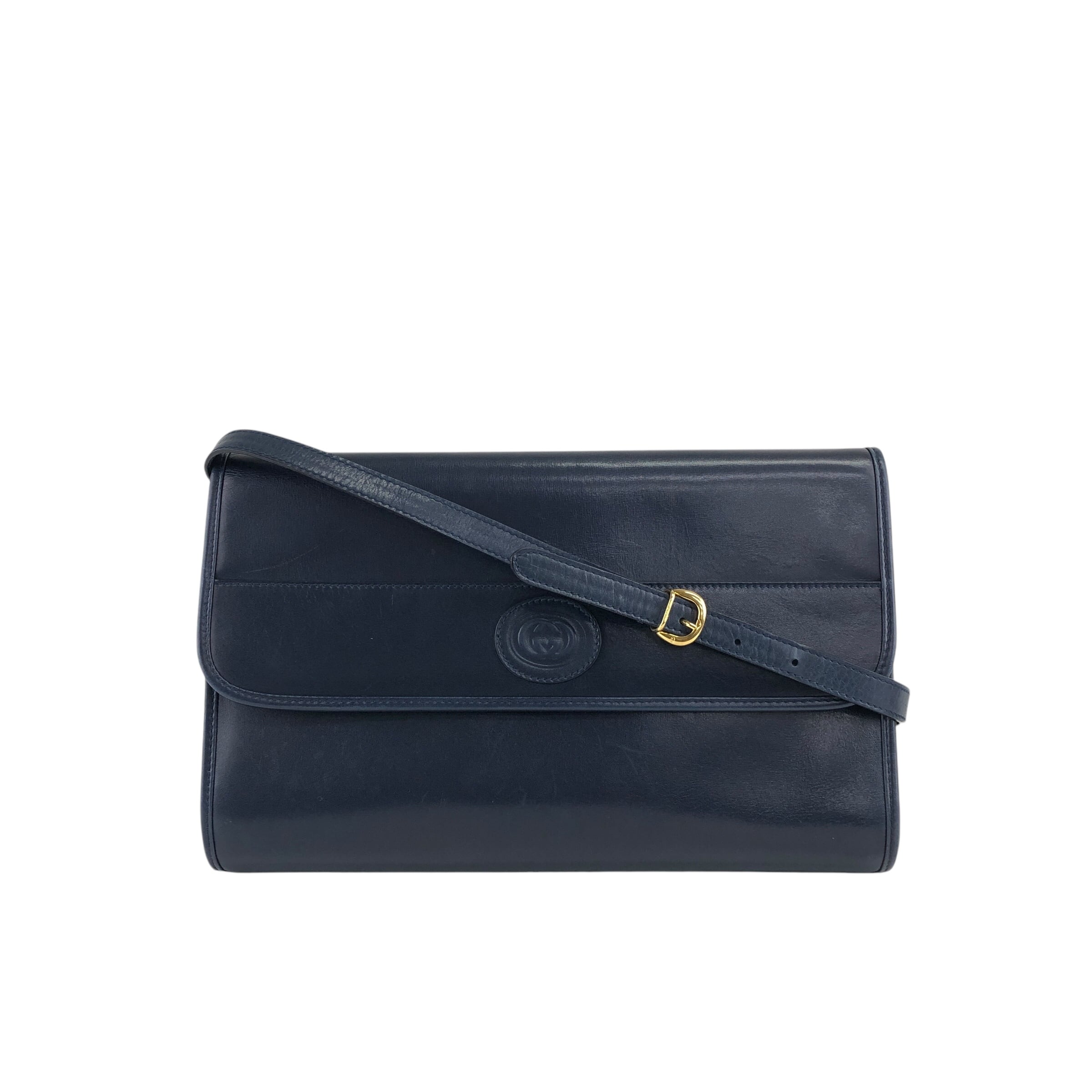 GUCCI レザーショルダーバッグ ネイビー ビンテージ GUCCI グッチ ショルダーバッグ ネイビー ロゴ レザー vintage