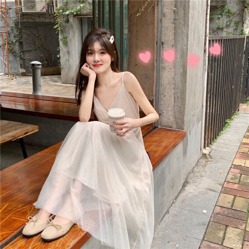 フレンチロングスカート2019夏フレンチニッチメッシュハイウエストVネックウエストサスペンダードレス 1号婦人84535125870