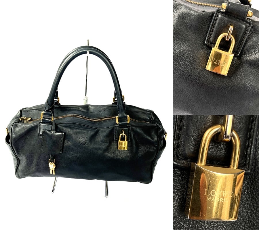 LOEWE ロエベ アナグラム レザー ハンドバッグ ミニ ボストン ブラック