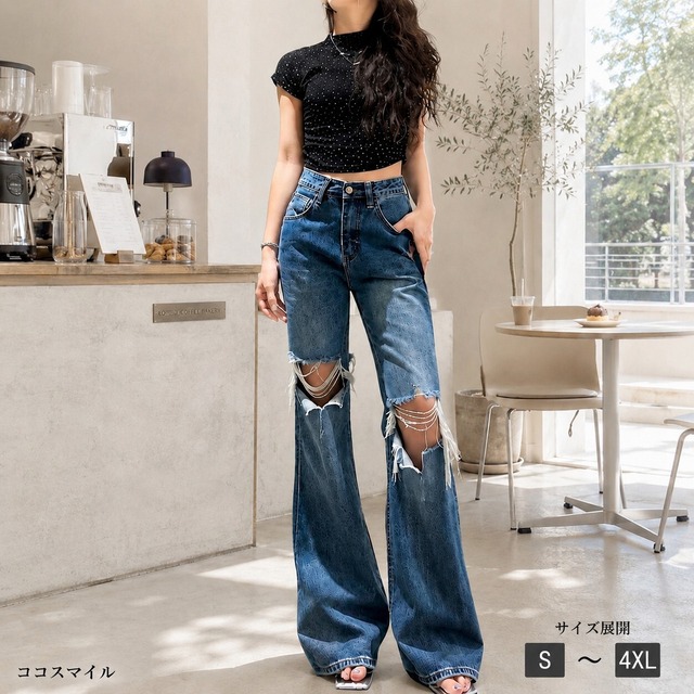 ダメージ デニム パンツ レディース フレアデニム クラッシュ ジーンズ ハイウエスト 大きいサイズS～4XL ストレート ジーパン ボトムス 骨格ウェーブ 脚長 美脚 着痩せ ヴィンテージ風 カジュアル 大人可愛い  韓国 Y2K コスマイル 20代 30代 40代 CO5466