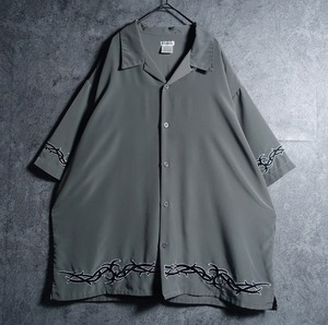 khaki Tribal motif embroidery open collar shirt