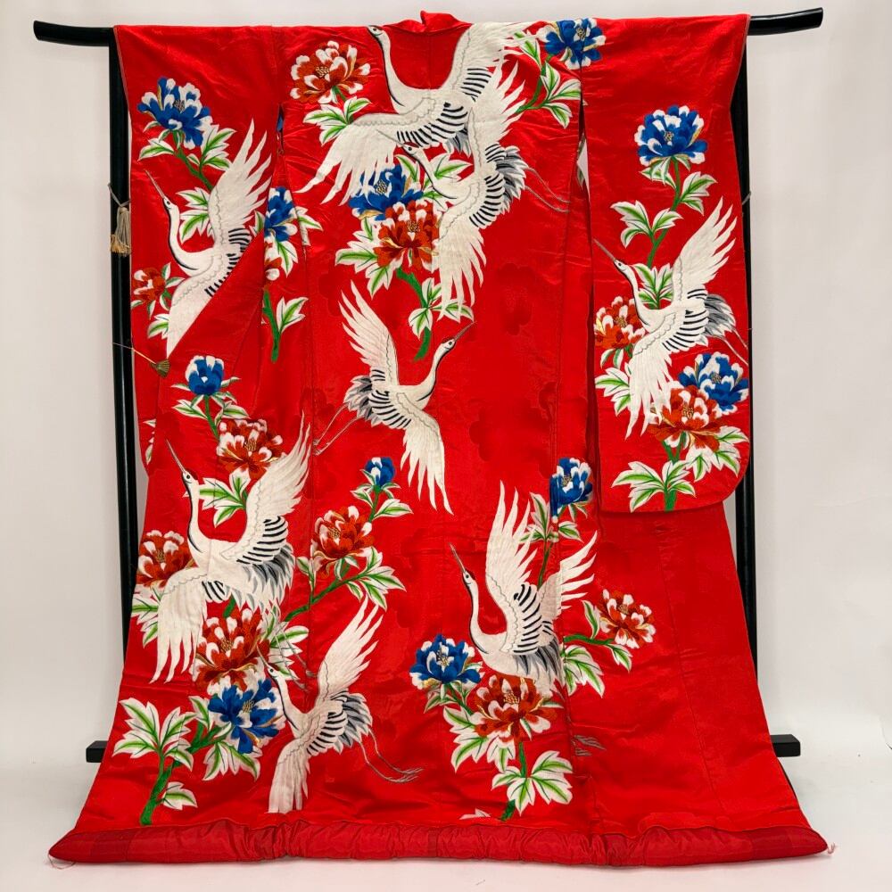 色打掛 正絹 鶴 刺繍 赤 打掛 花嫁衣裳 ポリエステル リサイクル 中古 ブライダル ウエディング 着物 6087