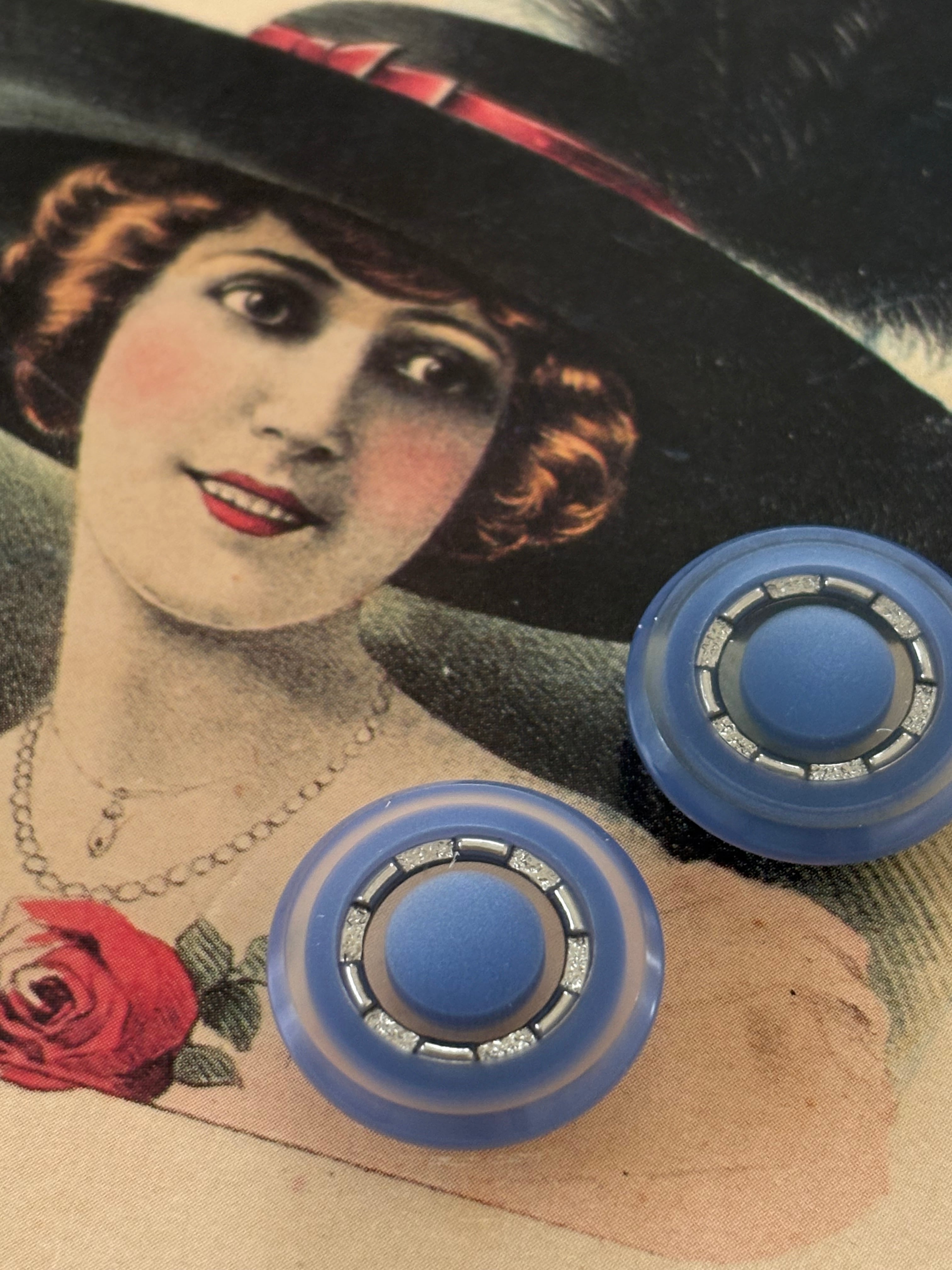 20mm Japanese ヴィンテージボタン ブルー系×シルバー クリア レトロ アクセサリーパーツ 装飾材 カルトナージュ