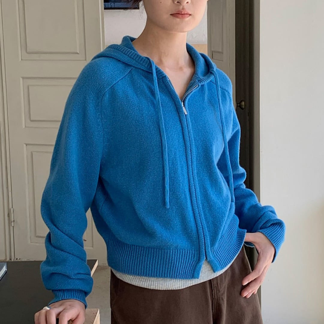 Zip-up wool knit hooded cardigan G981