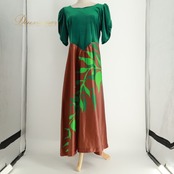 フラダンス 衣装 FANCY DRESS ファンシードレス ワンピース ドレス グリーン系 植物柄 ベロア生地 ハワイアンプリント ハワイアン アロハ フラ ダンス レッスン 練習 ハワイアンダンス 緑 黄緑 茶 ブラウン系 高級感 フレアスカート 華やか 鮮やか 上品 大人っぽい