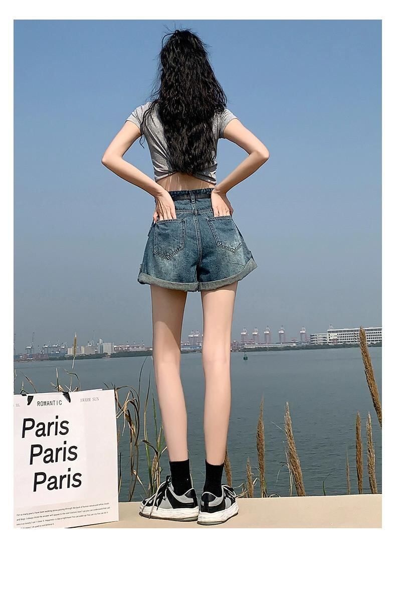 夏のハイウエストワークウェアデニムショートパンツ女性小さい、大きい