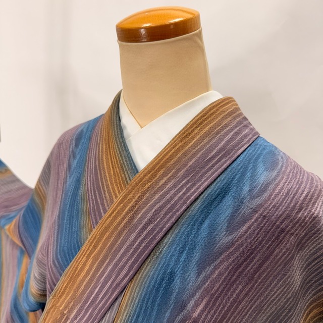 小紋 単衣 洗える着物 裄68cm 身丈154cm お洒落着 普段着 ポリエステル 青 紫 美品 L サイズ 6382